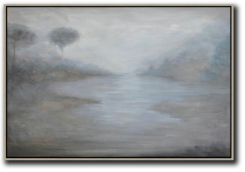 Large Abstract Art,Horizontal Abstract Landscape Oil Painting On Canvas,Huge Canvas Art On Canvas White,Grey,Blue
